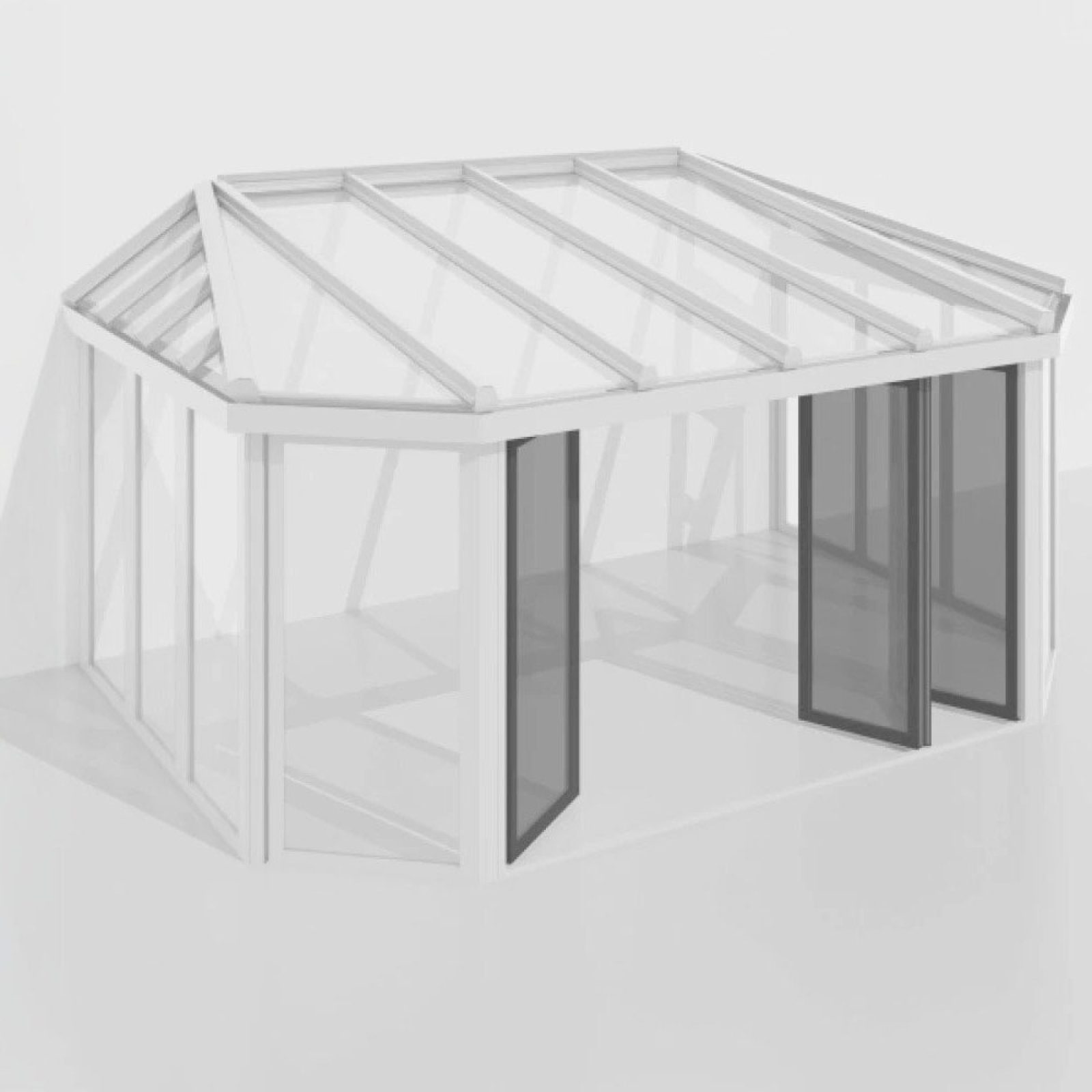 3D-Rendering Wintergarten mit FOLDER Faltverglasung, deren Glaselemente an der Front geöffnet sind
